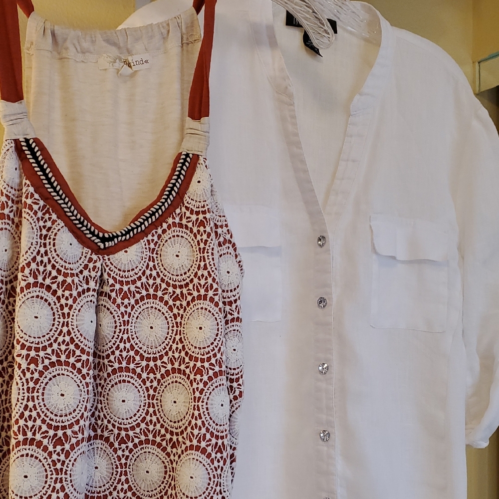 INC International Concepts White Linen Blouse & Rewind Top Both Xlrg